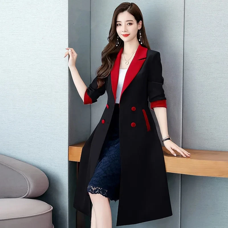 Women Elegant Long Windbreaker Korean Fashion Casual A-Line Trench Coat V-Neck Double Breasted With Belt Office Lady Overcoat