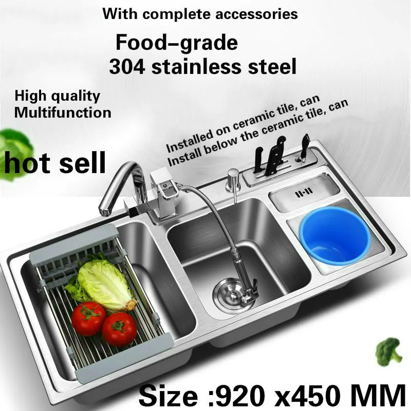 

Free shipping Kitchen sink 0.8 mm thick food grade 304 stainless steel dishwashing ordinary large double groove 920x450 MM