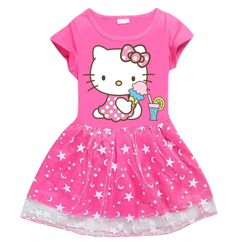 Hello Kitty Children\'s Clothing  Pure Cotton Fashion Princess Skirt Girls Cartoon Printed Net Yarn Short-Sleeved Pleated Dress