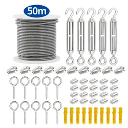 SGYM 56PCS/Set 50 Meter Steel PVC Coated Flexible Wire Rope Soft Cable Transparent Stainless Steel Clothesline Diameter 2mm Kit