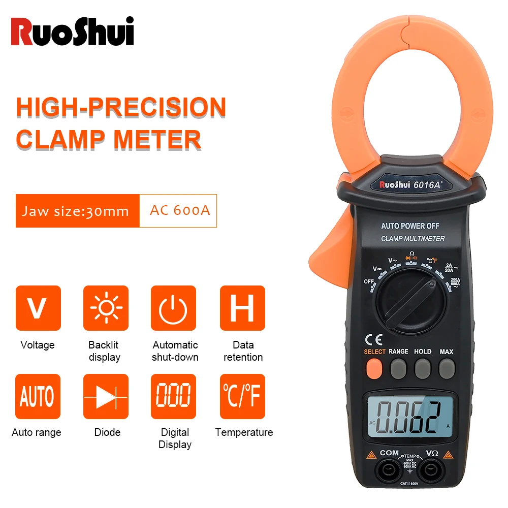 

RuoShui 6016A+ Clamp Meter Automatic Range AC DC Voltage Current Ammeter Voltmeter Ohm Temp Capacitance Hz Tester Clamp Ammeter