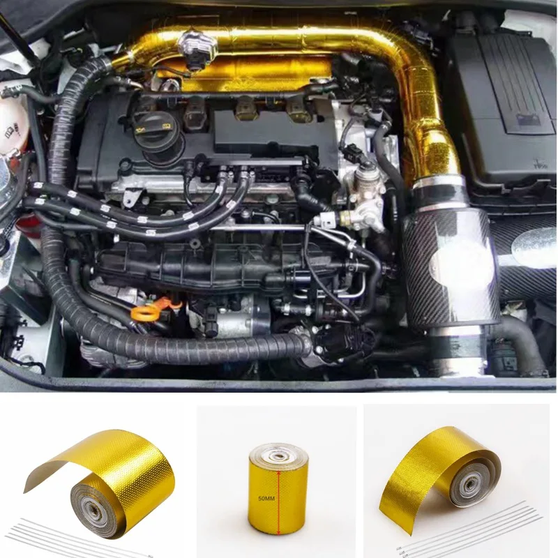 5m Gold Car Thermal Exhaust Tape Air Intake Heat Insulation Shield Wrap Reflective Heat Barrier Self Adhesive Engine Universal