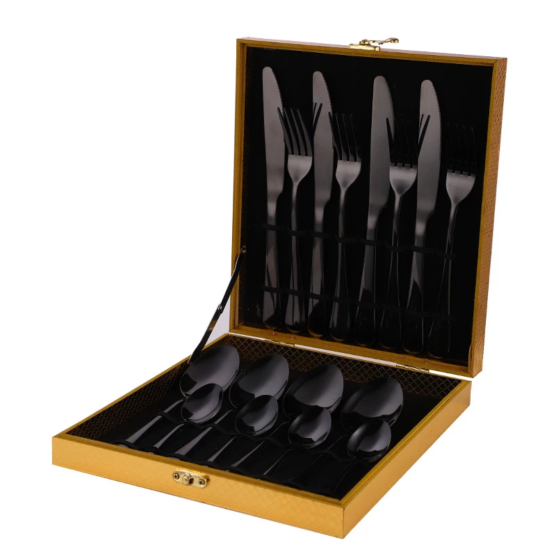 

Stainless Steel Black Cutlery Set 16Pcs Tableware Dishwasher Safe Fork Spoon Knife Gift Box Weddings Tableware Dinnerware Sets