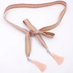 TEELYNN Boho Ethnic Chic Fabric Tassels Chains Belts Vintage Pink Bandage Waistband Casual Sashes Headwear For Women Waist Belt