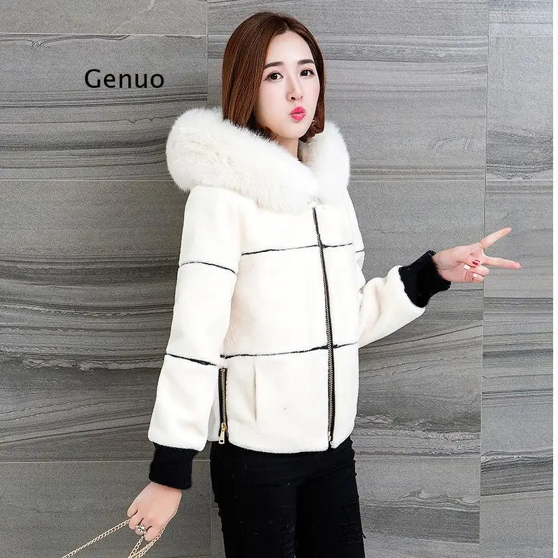 New Women\'s Winter Sheep Sharing Overcoat Ladies High Waist Slim Faux Fur Jacket Female Fake Fox Fur Hooded Short Coat