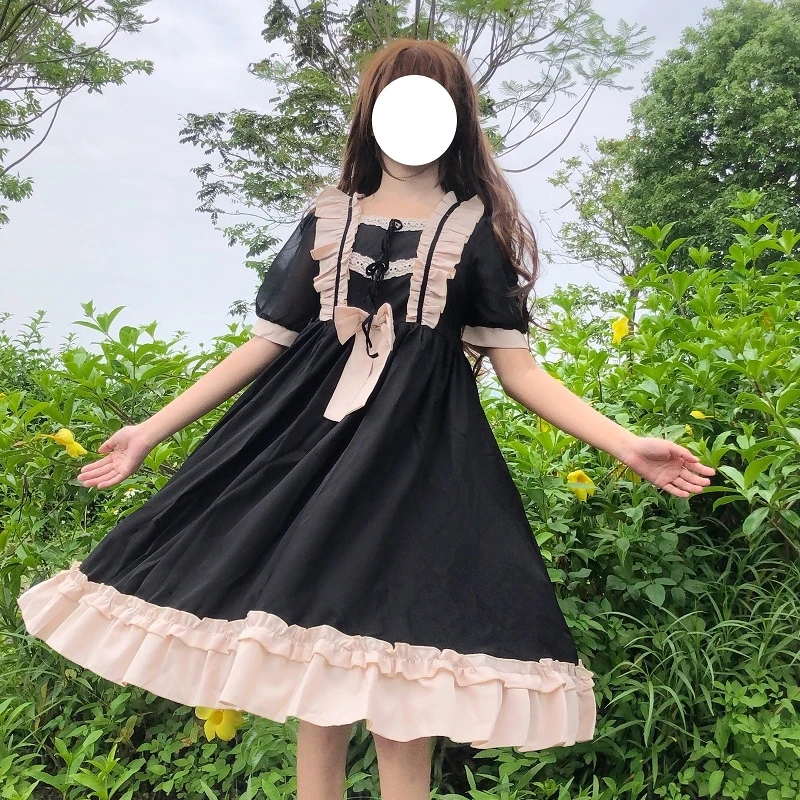 

Original Lolita Soft Girl Daily Sweet Lotus Leaf Bow Mid-Length Dress for Women Summer gothic lolita lolita dress victorian