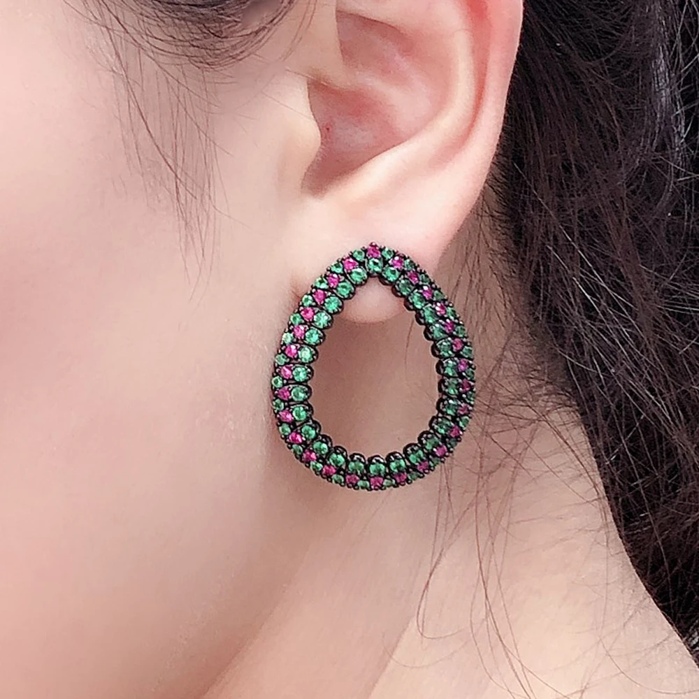 

JIN&JU Fashion Hoop Earrings For Womens Water Drop Ear Stud Black Clor Party Cubic Zirconia Jewelry Boucle D'Oreille