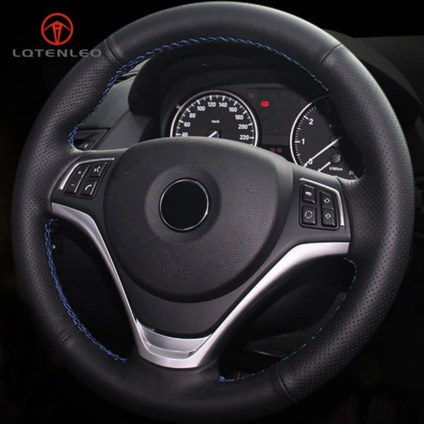 LQTENLEO Black Genuine Leather DIY Hand-stitched Car Steering Wheel Cover for BMW X1 E84 2012-2015