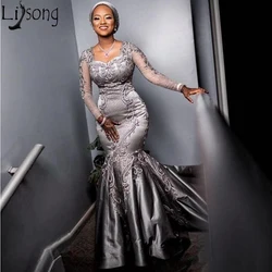 Silver Sexy 2023 African Evening Dress Lace Mermaid Long Sleeves Prom Dresses Cheap Formal Party Pageant Gowns robe de soiree