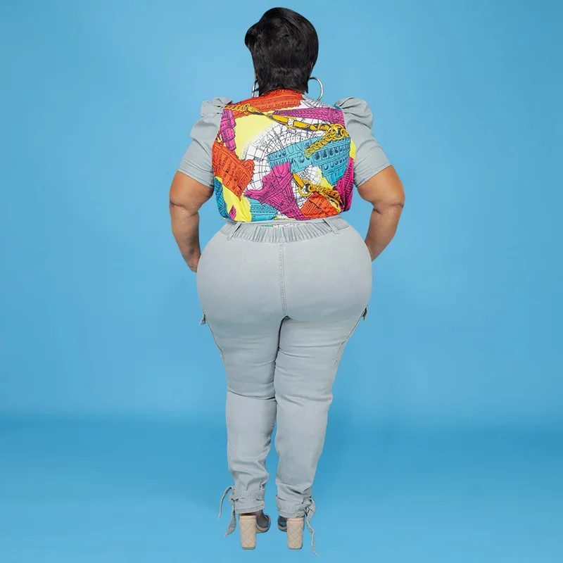 Haut court et jean assressentien denim, ensemble deux pièces, manches bouffantes, patchwork, grande taille, articles en gros, livraison directe, 2021