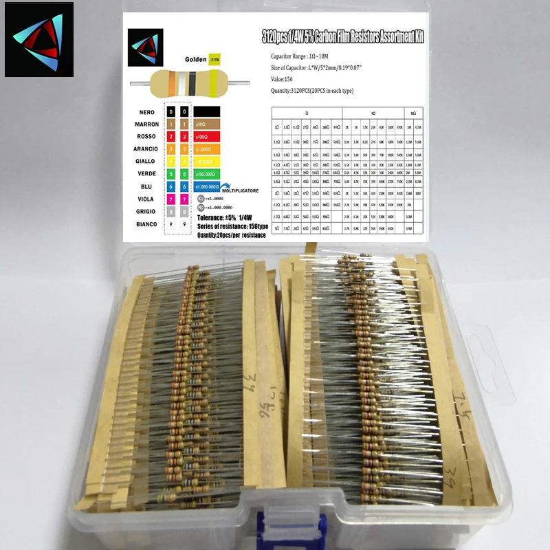 3120 pezzi 156 valori 1 -10M Ohm 1/4W 5% Kit assortimento resistori a film di carbonio Componenti elettronici