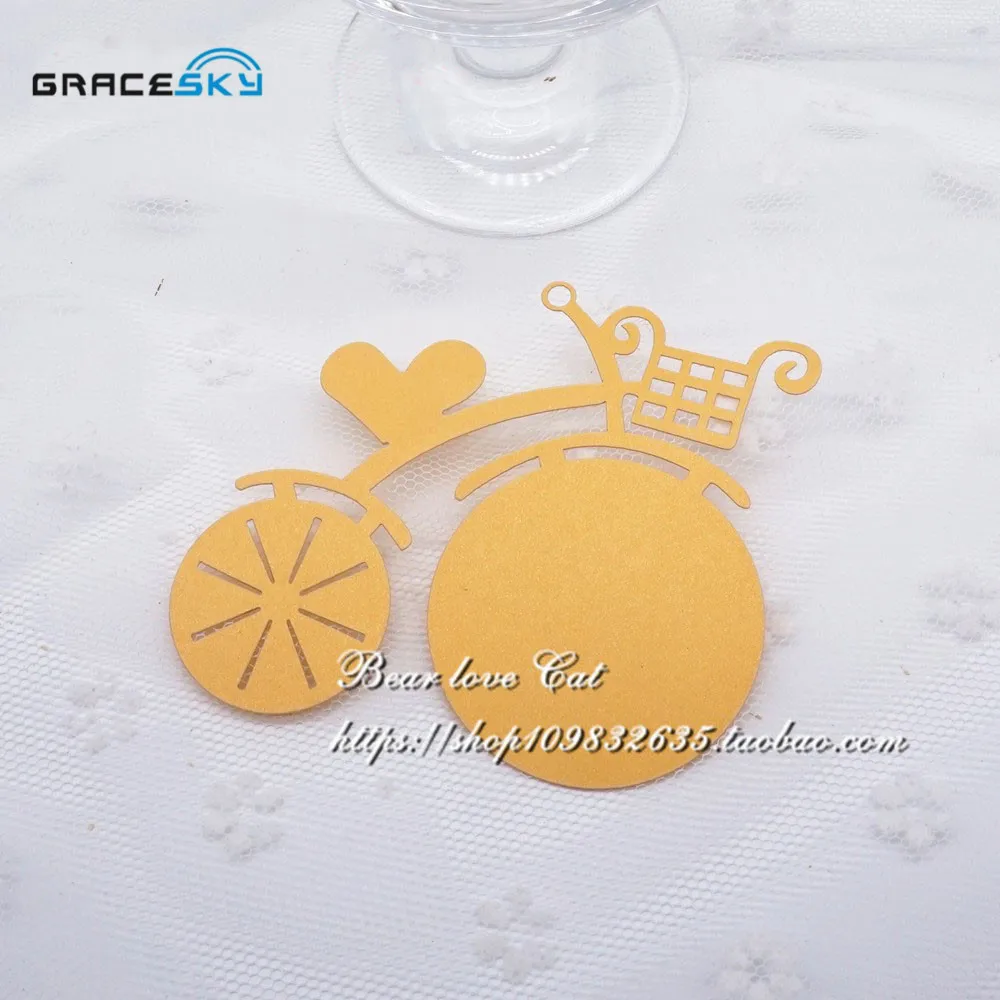 50pcs Free Shipping laser Cut Pearlescent Bicycle Design Wedding Birthday Party Name Cards copter Place Card Invitation Cup Card