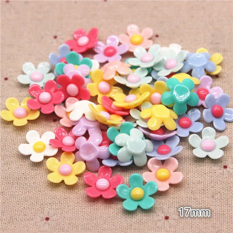 50PCS 17mm Mix Colors Resin Exquisite Five-petal Flowers Flatback Cabochon DIY Hair Bow Center/Craft Decoration Accessories