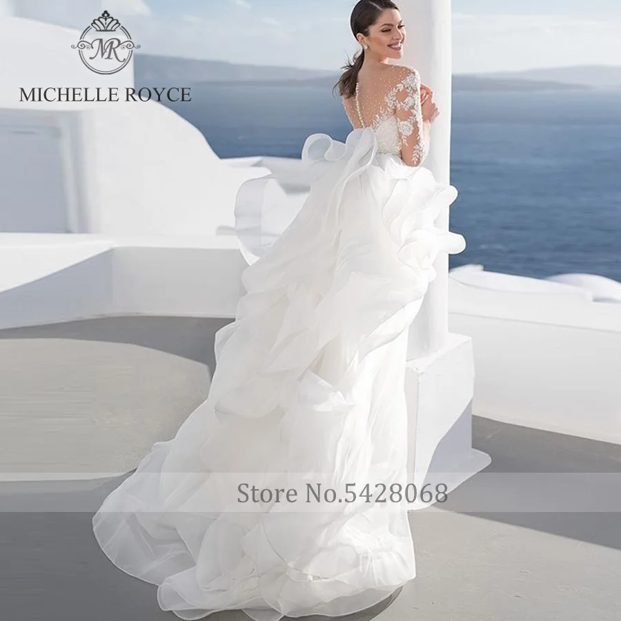 Michelle Royce A-Line Scoop Wedding Dresses For Women Half Sleeve Illusion Button Chapel Train Wedding Gown Vestido De Novia