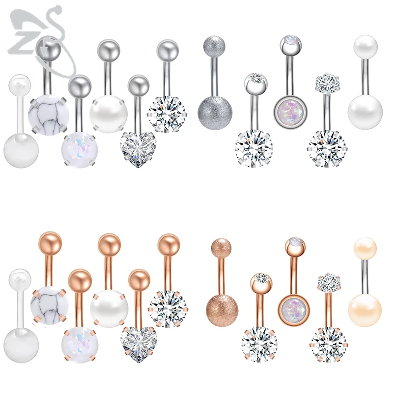 ZS 4/5/6/9/10pcs/lot 14g Stainless Steel Belly Button Rings Set For Women Girls Crystal White Stone Navel Piercing Body Jewelry