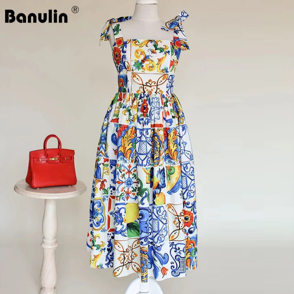 

Runway Boho Summer Dress 2021 Women's Bow Spaghetti Strap Backless Blue and White Porcelain Floral Print Midi Dress Robe N7251