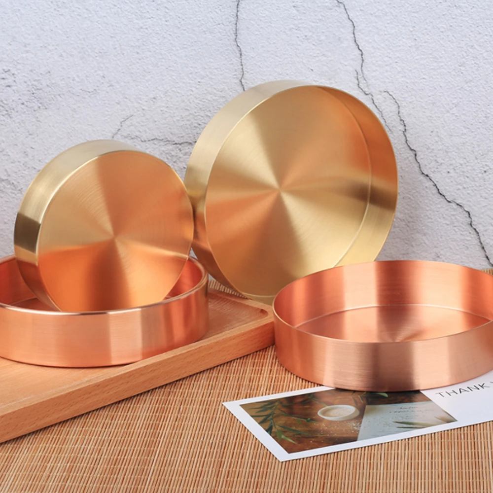 Copper Round Storage Tray Desk Metal  Organizer Small Object  Rose Gold Jewelry  Dishes Home Decor Kitchen Items Cake Stand