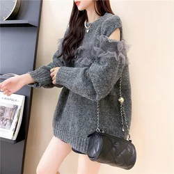 Women Strapless Sweater Korean New Autumn Winter Solid Knitted Pullovers Retro Lantern Sleeve O Neck Loose Jumper Pull Femme