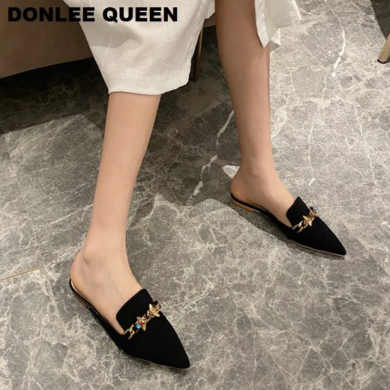 New Women Slippers Pointed Toe Rubber Metal Chains Flat Slide Footwear Fashion Casual Mule Shoes Big Size 41 42 Zapatos De Mujer