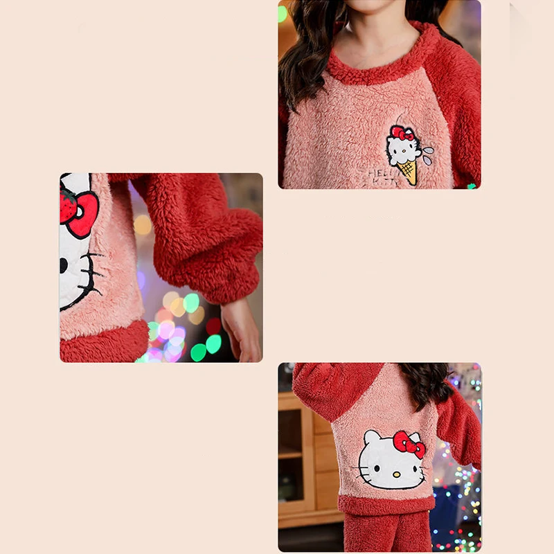 Hello Kitty cartoon autumn and winter children pajamas girls Plush thickened Plush cute baby warm home clothes set