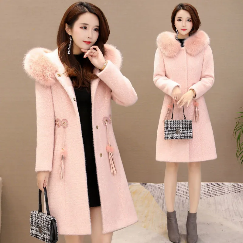 Gold Mink Coat Women Mid-Length 2024 Winter New Jacket Thickened Warmth Imitation Mink Outwear Ladies Hooded Woolen Overcoat Top