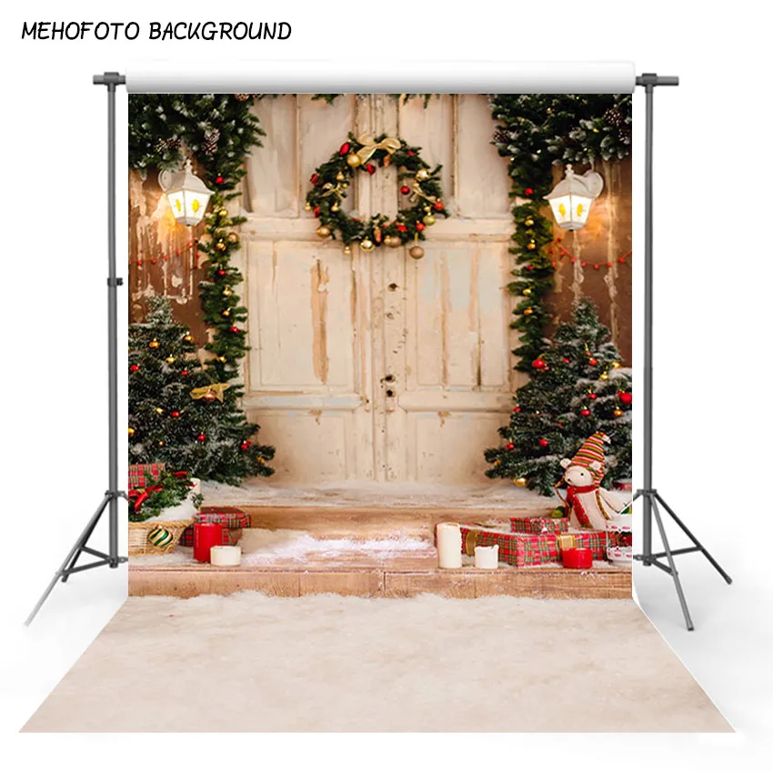 Christmas Background for Photo Studio Winter Snow Christmas Tree Fireplace Wreath Wood Floor Photocall Backdrop Photo Studio