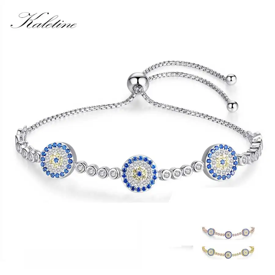 

Kaletine Genuine 925 Sterling Silver Women Evil Eye Lucky Hamsa Bracelet Men Luxury Round Blue Eyes CZ Crystal Tennis Bracelet