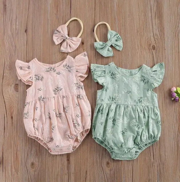 New Summer Baby Floral Rompers Headband Floral Print Round Collar Fly Sleeve Bodysuits Hair Band Baby Flower Jumpsuits Sunsuits