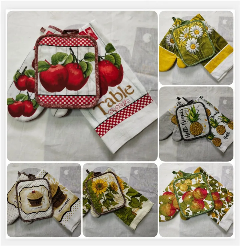 

3 Pcs/Set Flower Fruits Printed Cotton Nordic Anti Scald Microwave Oven Glove Insulation Pad Tea Towel Kitchen Tools