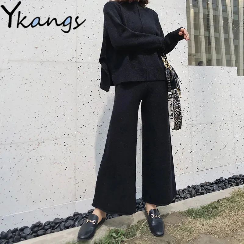 

Drape Knitting Wide Legs Pants Suit 2 Piece Female Sweater Set Women Street Thicken Tracksuit Warm Turtleneck Sweater Pullovers