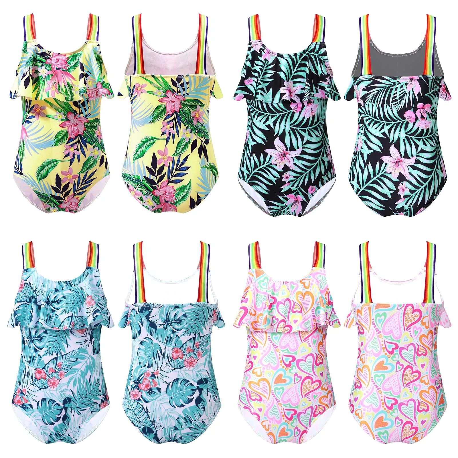 Kids Girls One-piece Swimwear Swimsuits Rainbow Print Straps Ruffle Trim Print JumpsuitBeach Pool Swimming Bathing Bodysuit