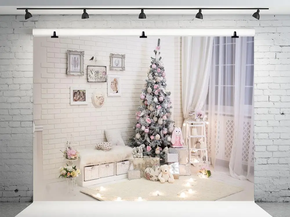 

VinylBDS White Family Photo Backgrounds Christmas With Window Curtains Indoor Christmas Tree Photo Backdrop Children Photo