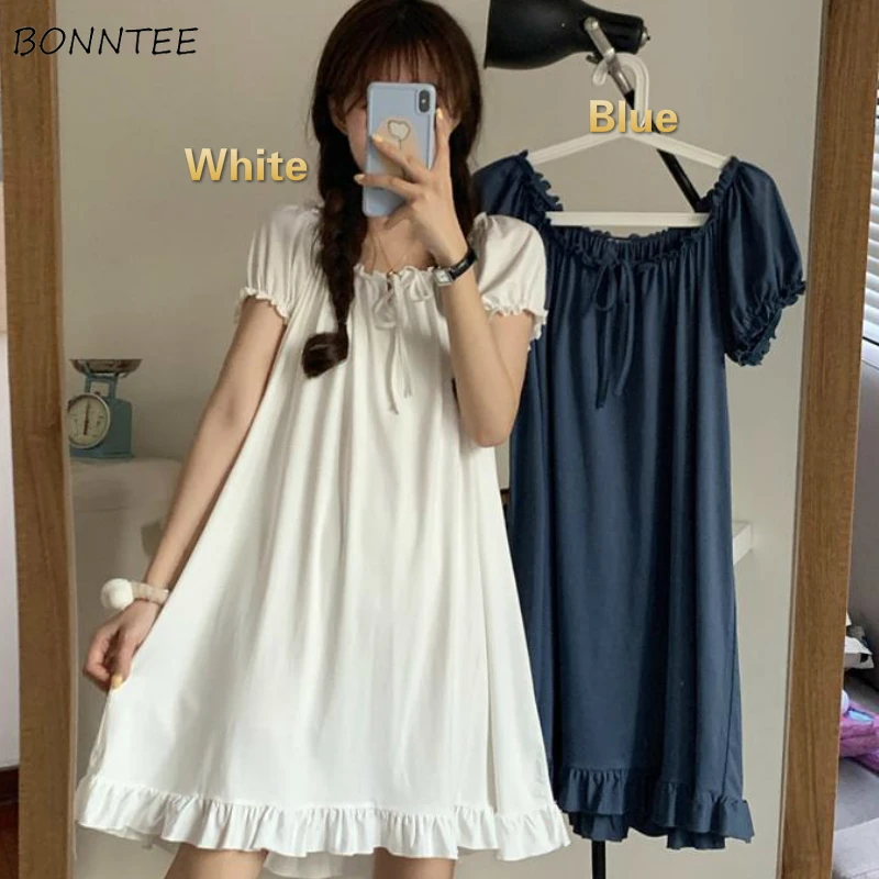 Nightgowns Womens Summer Ruffles Knee Length Bow Solid Sweet Kawaii Lolita Princess Dress Vintage Home Style Sleepshirts Hot New