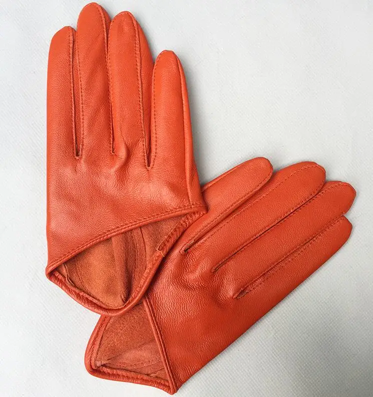 Women\'s natural sheepskin leather solid pink color half palm gloves female genuine leather fashion short driving glove R1171