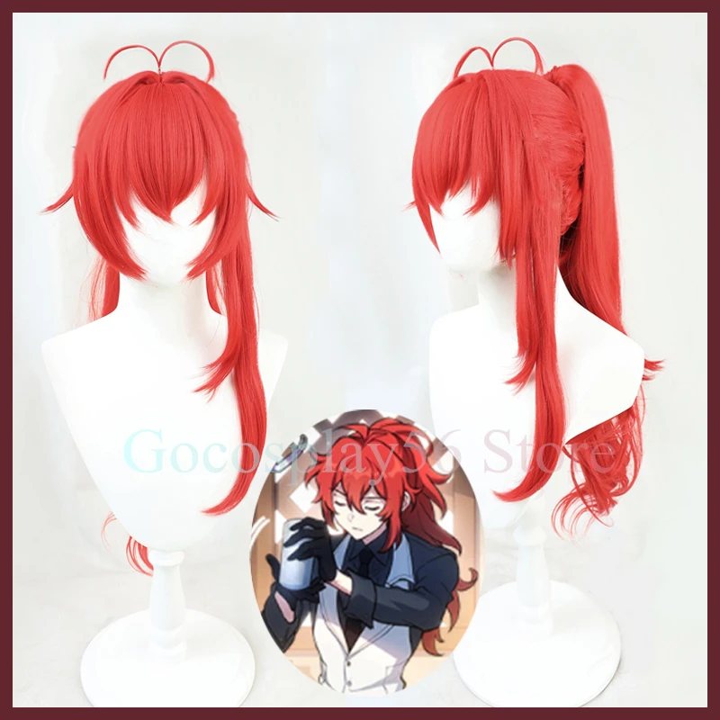 

Diluc Cosplay Wig Comic Version Red Long Ponytail Curly Heat Resistant Hair Adult Halloween Role Play