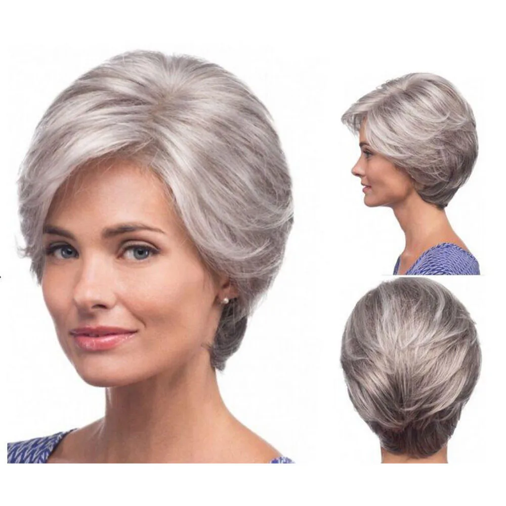 

Short Wigs for Middle Old and Elderly Women Synthetic Grey Hair Curly Straight Wig Natural Wave Cosplay