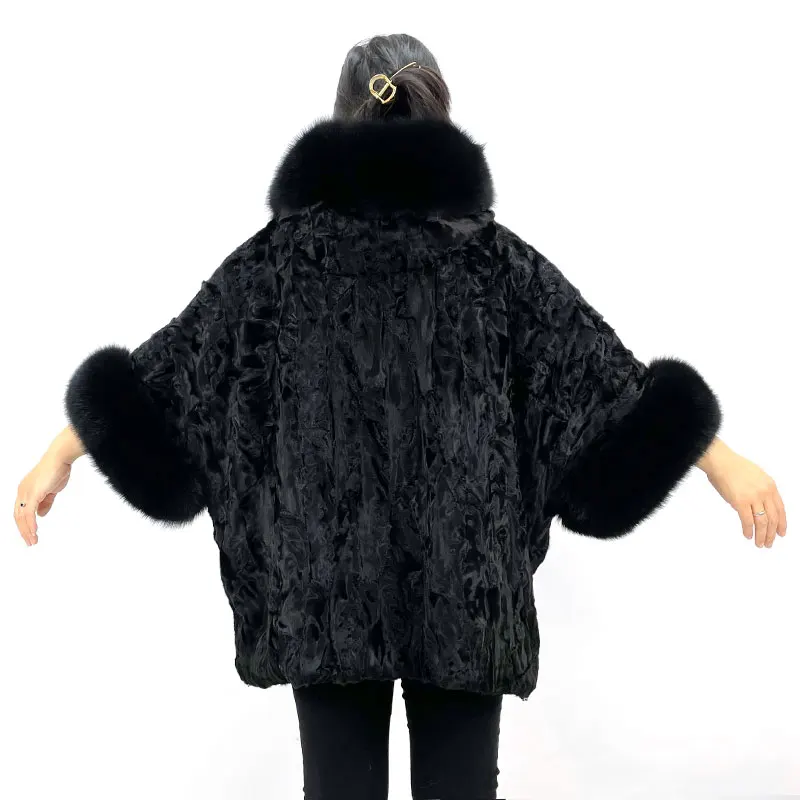 Winter Women Real Karakul Fur Poncho Big Size Coat Natural Fox Collar Bat Sleeve Loose Warm Fashion Style Can Be Customized