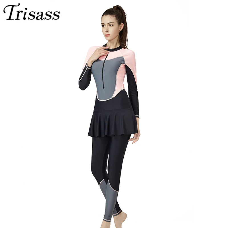 Trisass 2020 New Women One Piece Skirt Swimsuit L-3XL Sport Swimwear Long Sleeve Bodysuit Long Pants Surf suit With Zipper