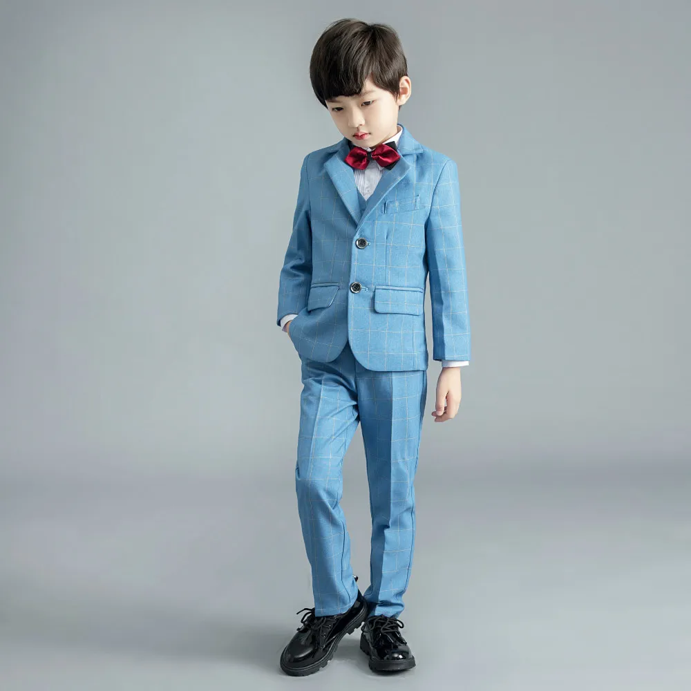 Blue Check Custom Made Sedikit Anak Laki-laki Setelan Celana 2 Buah Set Tuksedo untuk Pernikahan Makan Malam Anak Tuxedo