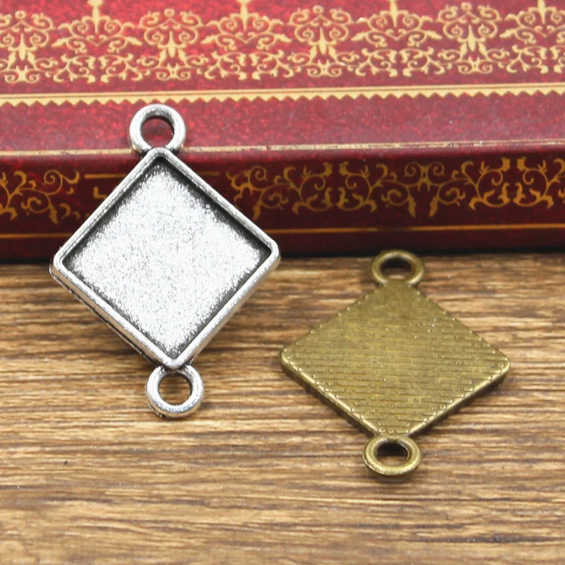 10pcs Fit 15mm Square Rhombus Double Hanging Glass Cabochon Base Setting Antique Bronze Silver Color Color Pendant DIY Making