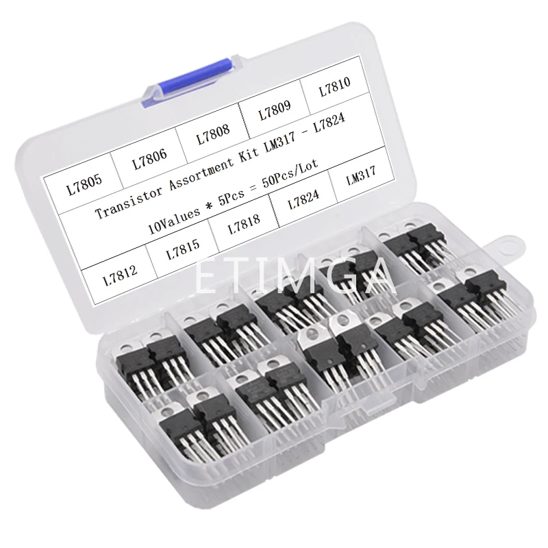 50PCS LM317T L7805 L7806 L7808 L7809 L7810 L7812 L7815 L7818 L7824 Transistor Assortment Kit Voltage Regulator Box  Each 5pcs