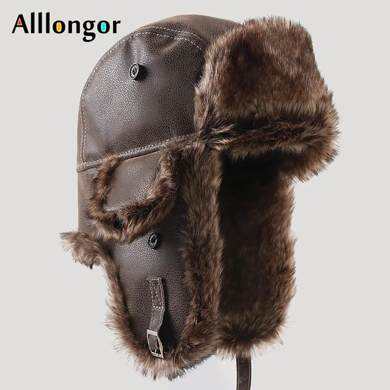 Russian Men's Winter Hat With Earflaps Ushanka 2024 Warm Pu Leather Earflap Bomber Hats Faux Fur Snow Cap Aviator Trapper Caps