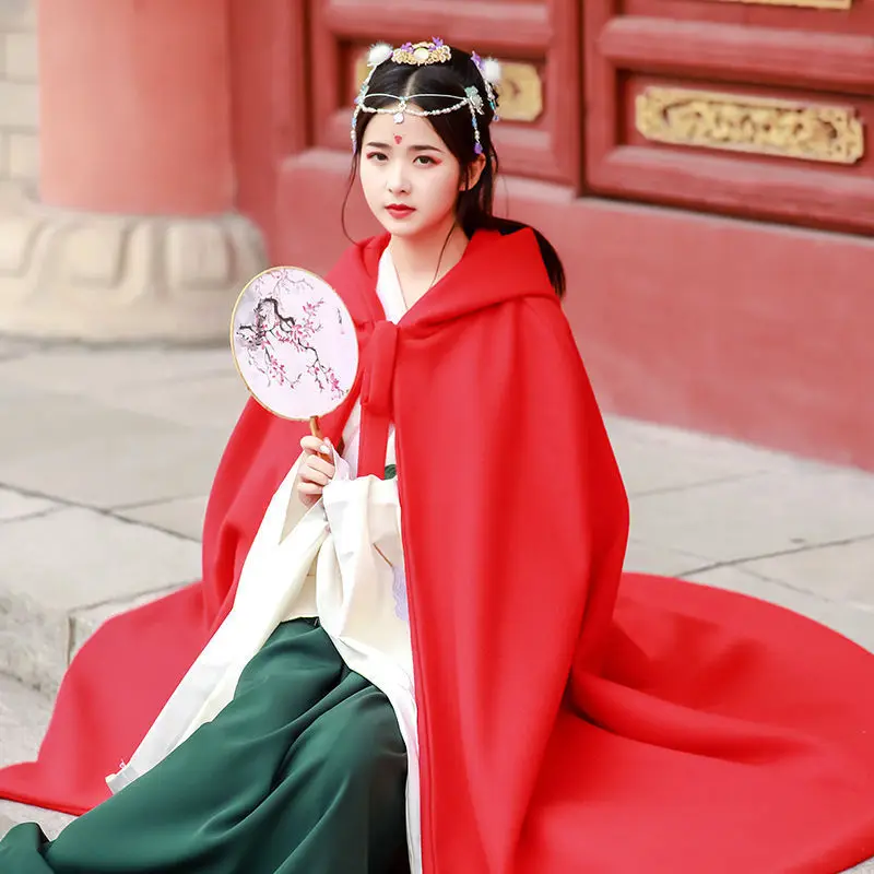 Autumn Winter New Embroidery Antique Cloak Hanfu Women Retro Red Chinese Style Cape Female Warm Thick Cosplay Mantle Costume