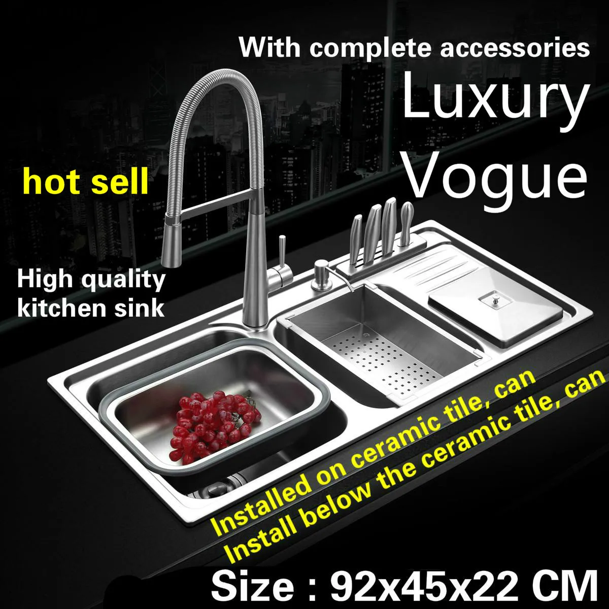 Tangwu Luxurious kitchen sink upscale 1 mm thick food grade 304 stainless steel double grooves 92x45x22 CM