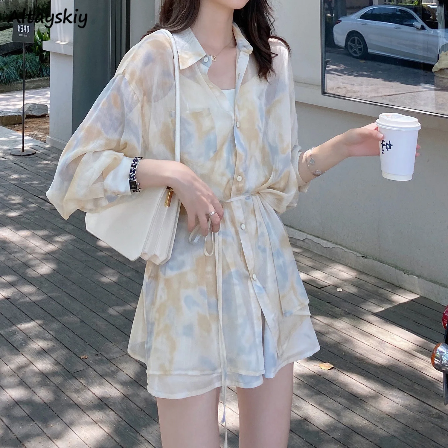 Elegant Short Sets Women Outfits Chiffon Tender Long Sleeve Sun-proof Shirts Sashes Ladies OL A-line Causal Summer Mini Trousers