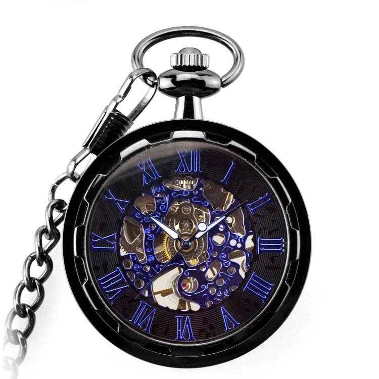 10pcs/lot Retro Roman Numbers Mechanical Pocket Watch for Men Women with FOB Chain Skeleton Hand-winding Pocket Watch