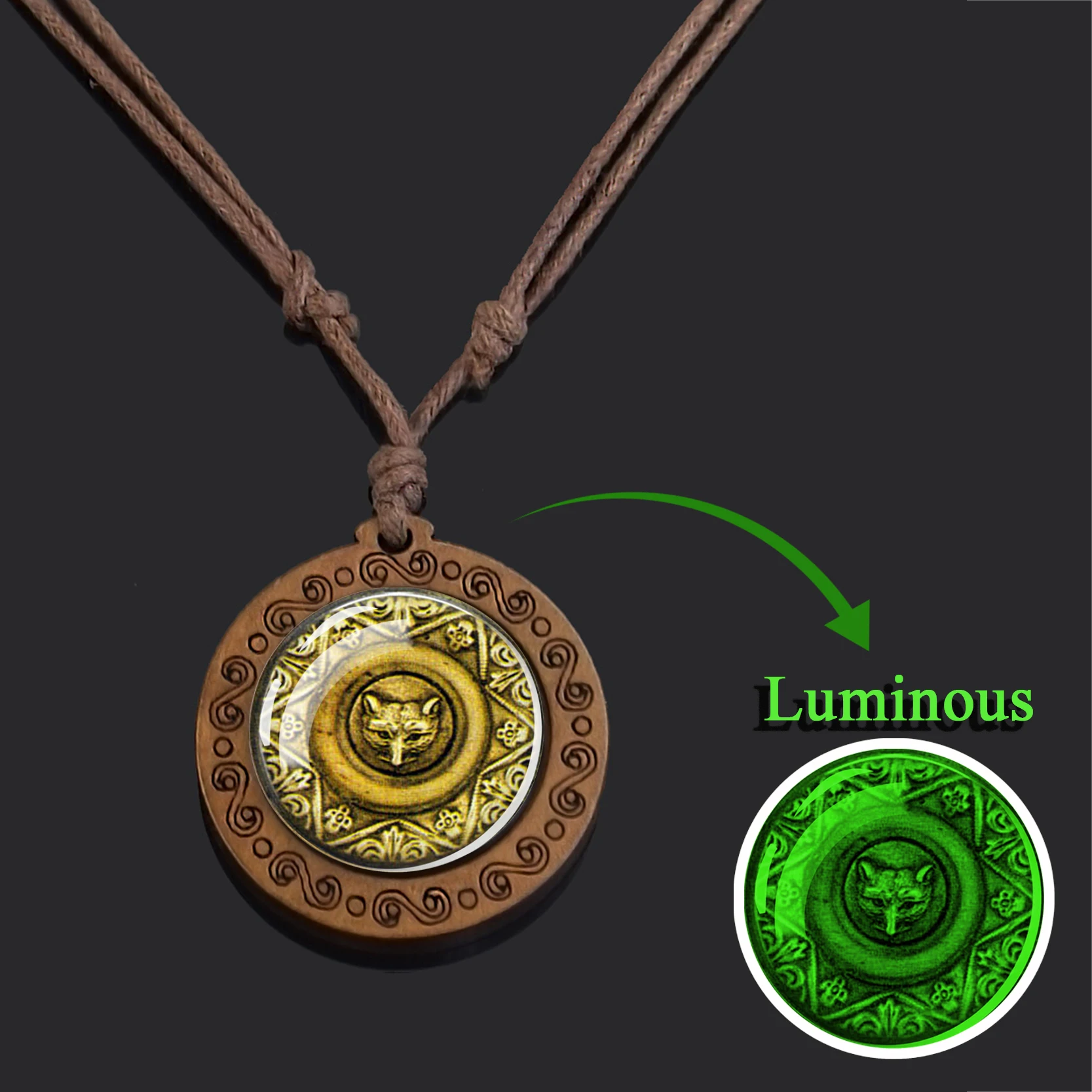 Esspoc Mayan Calendar Necklace Vintage Wooden Mexican Luminous Aztec Calendar Jewelry Glass Cabochon Chains Necklaces Women Gift images - 6