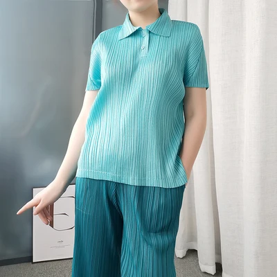 

HOT SELLING Miyake Pleated fashion turndown collar short sleeve T-shirt IN STOCK