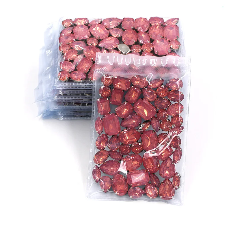 Free shipping wholesale 5 bags mixed shape pink rhinestones Resin silver base sew on rhinestones for Clothing accessories