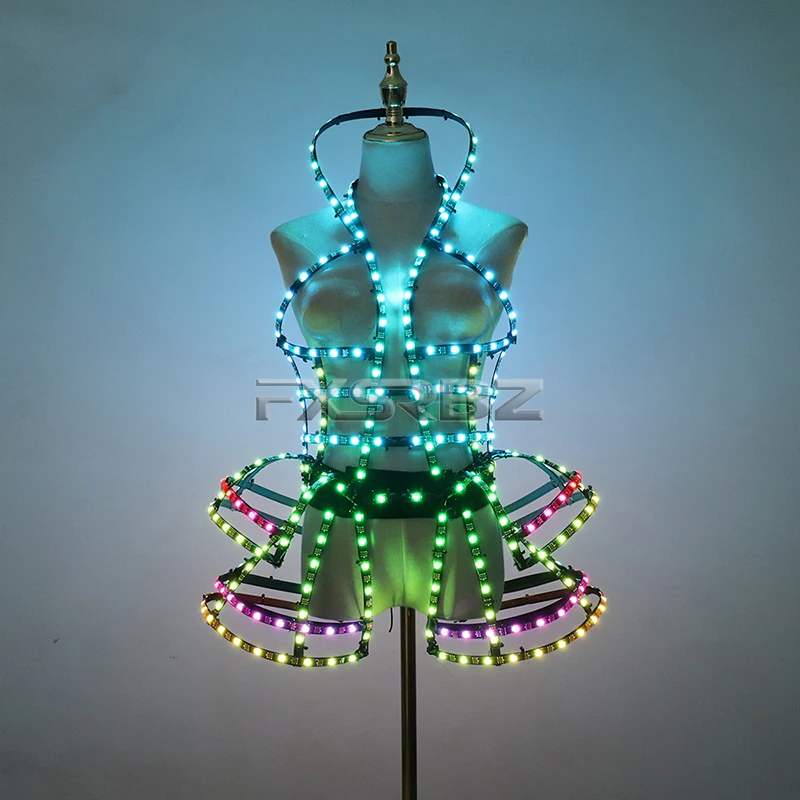 Full Color Digital LED Cage Clothing Suit Light Up Luminous Costumes Sexy Girl Tutu Ballet Dancing LED Hollowed-Out Dress